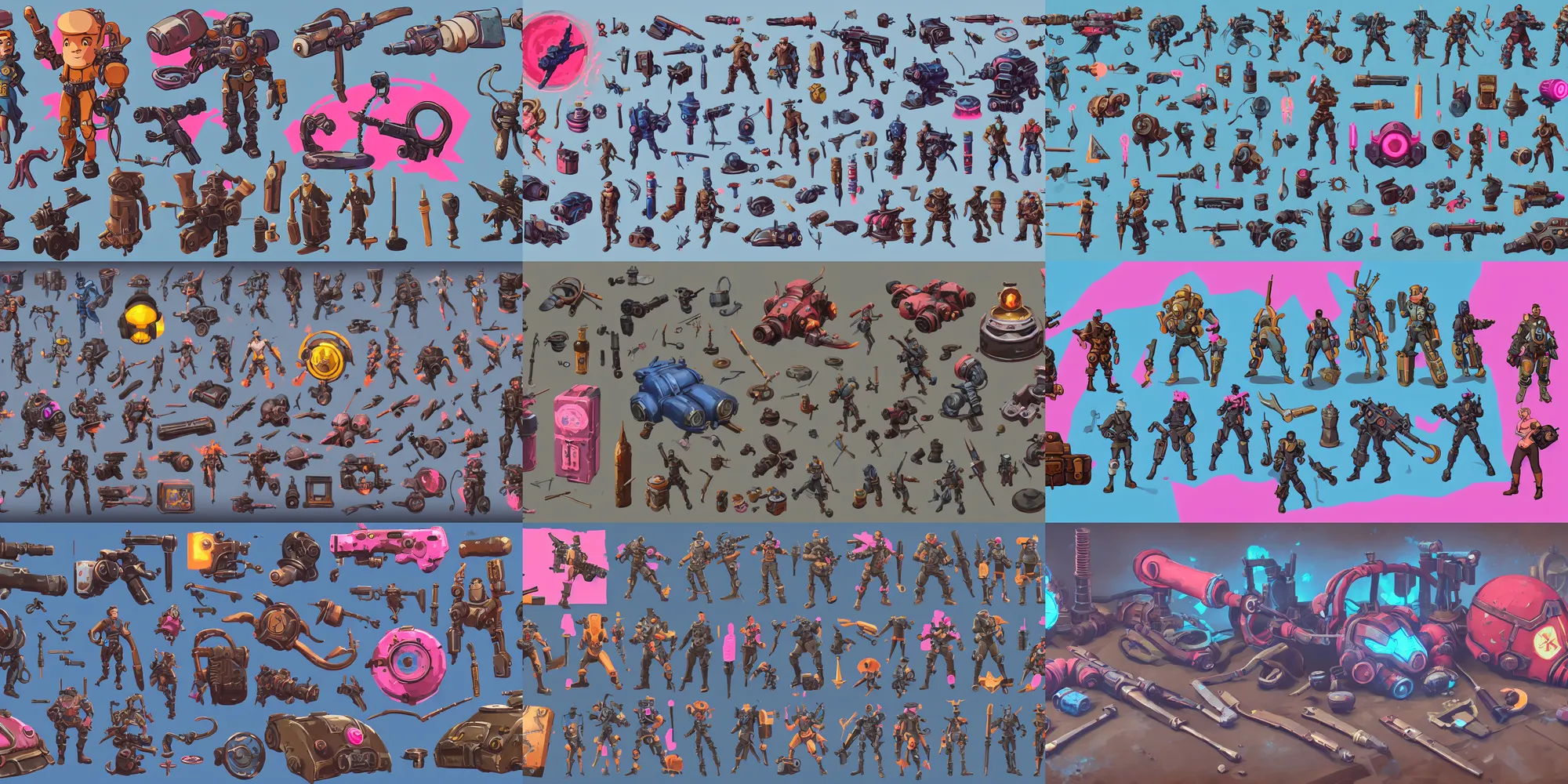 Prompt: game asset of fallout items and gadgets, in gouache detailed paintings, props, stylized, 2 d sprites, kitbash, arcane, overwatch, blue and pink color scheme, 8 k, close up