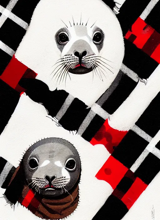 Prompt: highly detailed closeup portrait of a sewer white baby seal, tartan blanket, black mohawk by atey ghailan, by greg rutkowski, by greg tocchini, by james gilleard, by joe fenton, by kaethe butcher, gradient red, black, brown and white color scheme, grunge aesthetic!!! white graffiti tag wall background