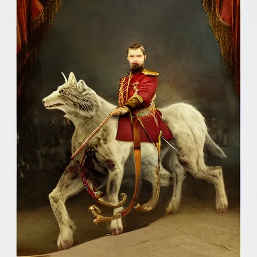 Image similar to Photo of Russian Tsar Nicholas 2 playing with dragon from game of thrones as a pet, photorealism,