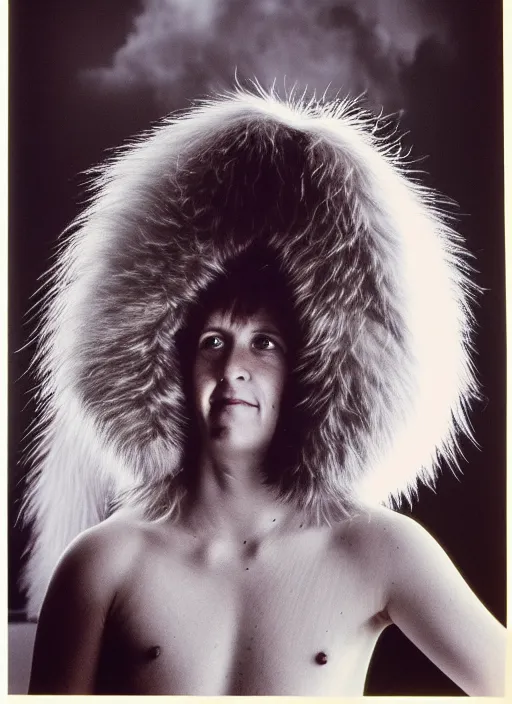 Prompt: realistic photo portrait of the person slowly morphing into a bird, hairy fur fluffy, in the spacious wooden polished and fancy expensive wooden room interior with many cloud sculptures 1 9 9 0, life magazine reportage photo