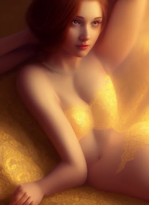 Image similar to young woman beautiful face : : golden lace peignoir : : lie in bed at night black room : : weta disney pixar movie still photo : : decadent highly - detailed digital painting, soft dark light, full length shot, golden ratio, octane render, artstation, smooth, sharp focus, artgerm, mucha, loish, wlop, gogo