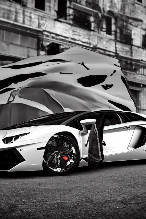 Image similar to Lamborghini Aventador with a vinyl wrap of a Dali Painting, studio lighting.