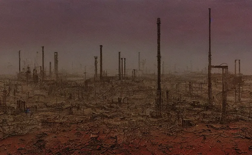 Image similar to industrial devastation abandoned factories oil field post - apocalyptic dusk wasteland irradiated contaminated, beksinski, saturated