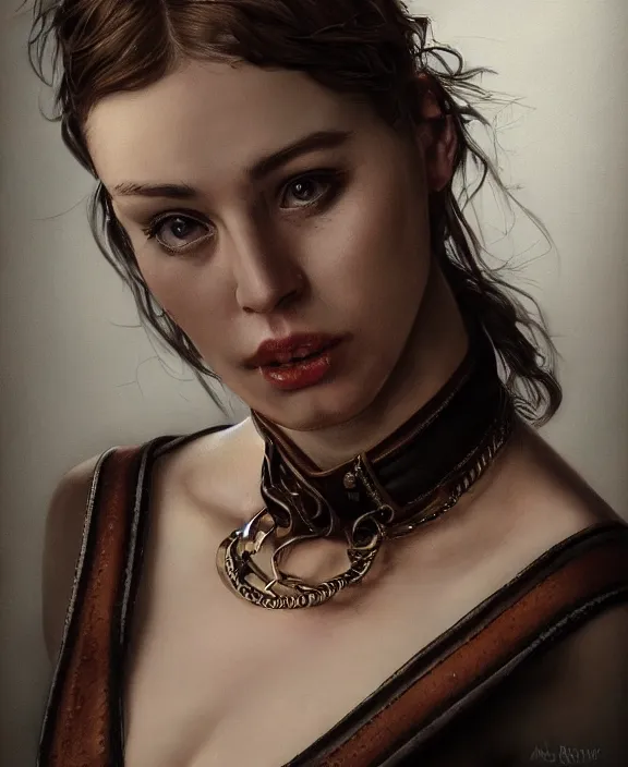 Image similar to a highly detailed portrait, intricate leather suspenders, leather collar and chain, honey birdette, realistic portrait, deep focus, matte, digital painting, artstation, concept art, smooth, sharp focus, cinematic lighting, art by artgerm and greg rutkowski and alphonse mucha, araki nobuyoshi, anders petersen