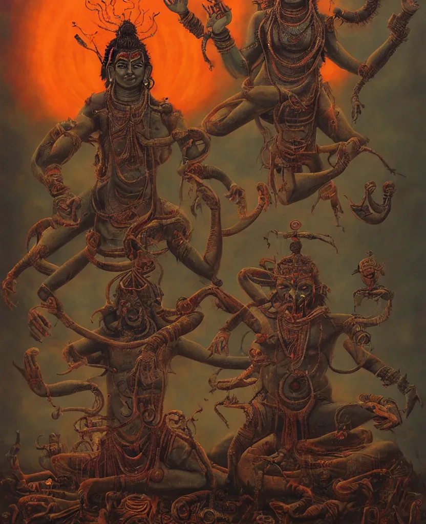 Prompt: One many-armed Shiva. Against the backdrop of a nuclear explosion. Dark colors, high detail, hyperrealism, horror art, masterpiece, close-up, zoom, body-horror, ceremonial portrait, representative portrait, solo, macrophoto, art by Greg Broadmore, Esao Andrews, Beksinski