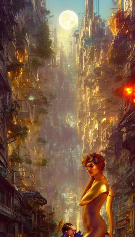 Image similar to golden goddess cutting a hyper realistic cyberpunk city in half with magic, crowded market street overtaken by lush plants, kittens, full moon, light rays, gnarly trees by tom bagshaw, mucha, gaston bussiere, craig mullins, j. c. leyendecker 8 k