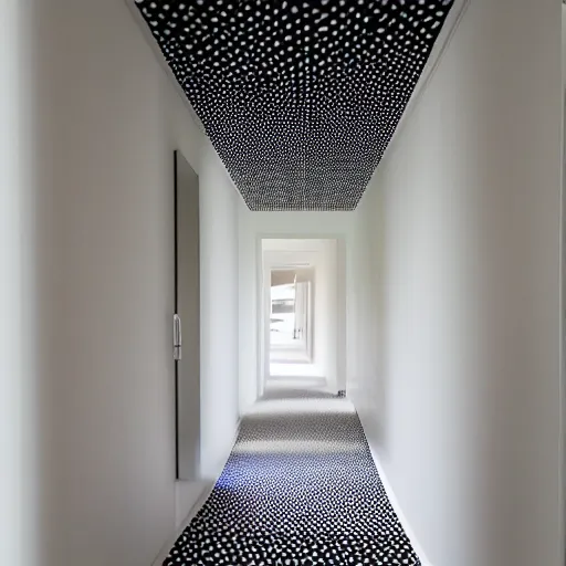 Image similar to a white corridor with a giant polka dot pattern on the walls