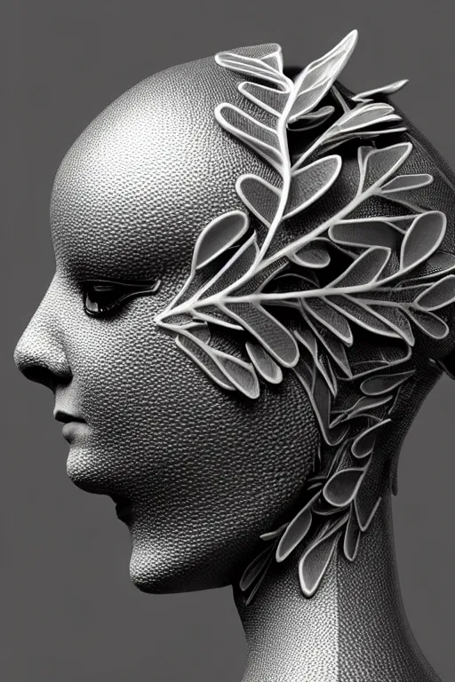 Image similar to monochrome close - up profile face, black background, beautiful young porcelain bio - mechanical vegetal - dragon - cyborg - female, white metallic armour, silver gold details, magnolia leaves and stems, roots, mandelbot fractal, 1 5 0 mm, beautiful natural soft rim light, elegant, hyper real, ultra detailed, octane render, 1 6 k