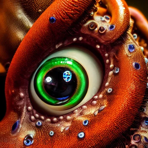 Image similar to a close up of an octopus with large eyes, a macro photograph by craola, lovecraftian, grotesque, macro photography