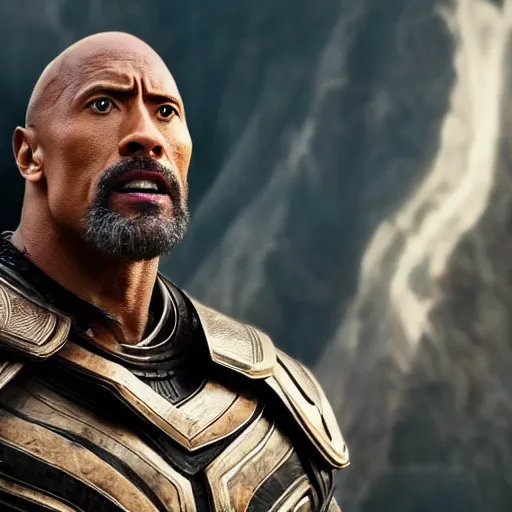 Image similar to film still of Dwayne Johnson playing Heimdall in Thor, 4k