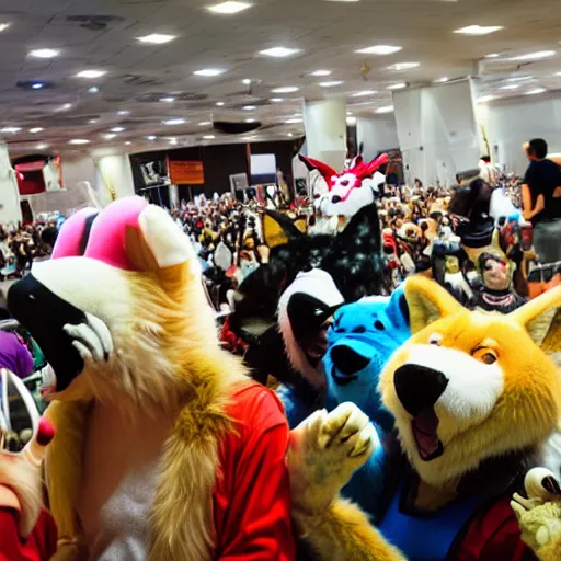 Prompt: A photograph taken at a furry convention of fursuiters having fun