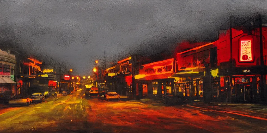 Image similar to painterly, messy, ominous 'jon hale'!! landscape of north bend, washington main street, dark, lonely!! stop light glowing, 'twin peaks'!, lone dark figure, paint streaks, visible paint texture