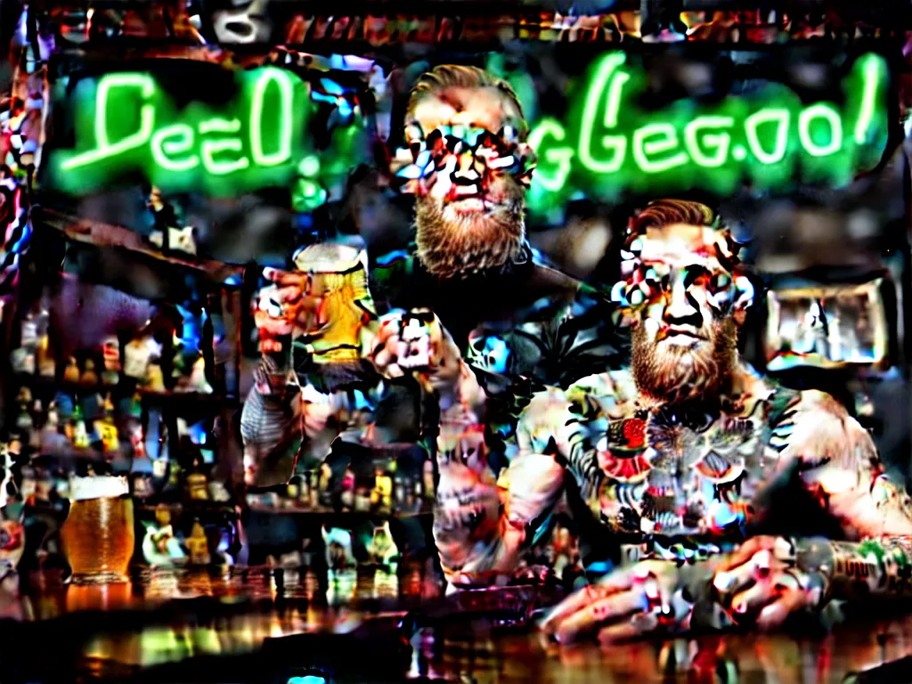 Image similar to a well framed portrait of conor mcgregor drinking a beer in an irish pub with a neon bar, laser lighting, trending on art station, in the style of the movie heat with al pacino, volumetric lighting & shadows, hyper detailed, digital art, unreal engine, 4 0 0 mm f 1. 8,