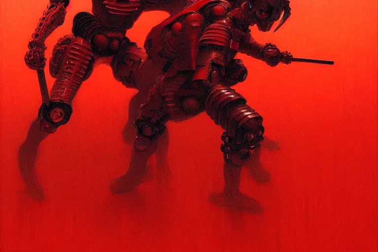 Image similar to only with red, a red cyborg samurai, tokio futuristic in background, some evil yokai fight, in the style of beksinski, parts by edward hopper, parts by rodcenko, parts by yue minjun, intricate and epic composition, red by caravaggio, insanely quality, highly detailed, masterpiece, red light, artstation, 4 k