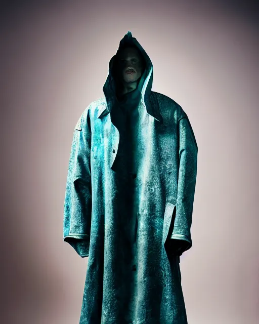 Prompt: an award - winning photo of an ancient male model wearing a plain cropped baggy teal distressed medieval designer menswear leatherparka jacket designed by alexander mcqueen, 4 k, studio lighting, wide angle lens, 2 0 0 4