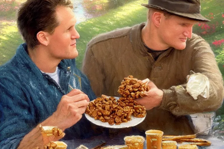 Prompt: thomas kinkade painting of woody harrelson eating peanut butter