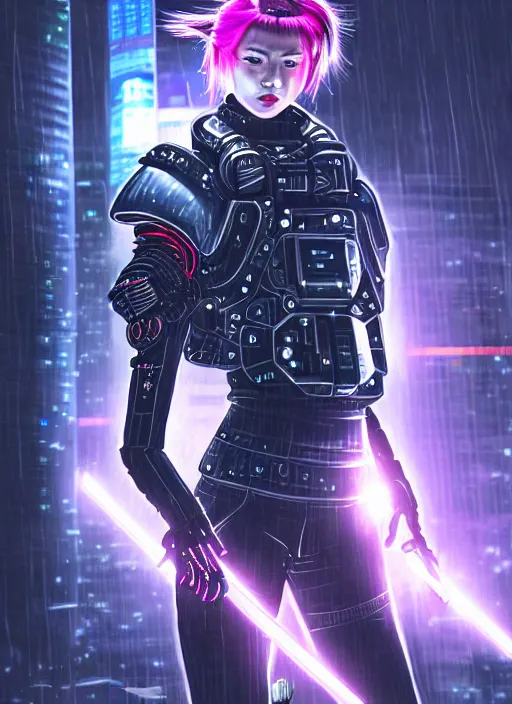 Prompt: stunning futuristic superb cyberpunk young female Samurai wearing samurai armor hybrid with military tactical vest, armor has neon circuitry, sci-fi in futuristic stormy heavy rain thunder flashing tokyo rooftop cyberpunk night, sci-fi,fantasy, intricate, very very beautiful, elegant, neon light, highly detailed, Cinematic, digital painting, artstation, hyper realism, concept art, soft light, hdri, smooth, sharp focus, illustration, art by tian zi and craig mullins and WLOP and alphonse mucha