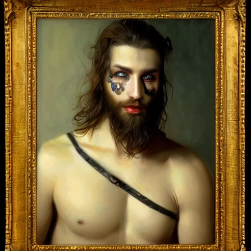 Image similar to photorealistic painting of a male face with piercings, realistic eyes, symmetric face, beautiful bone structure, beard, dark blonde long hair, painting by gaston bussiere