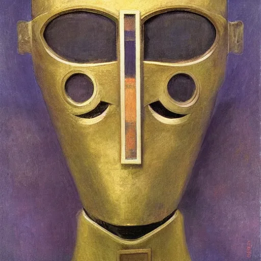 Image similar to the last guest in her Art Deco robot mask, by Annie Swynnerton and Diego Rivera, symbolist, dramatic lighting, elaborate geometric ornament, god rays, soft cool colors,smooth, sharp focus, extremely detailed