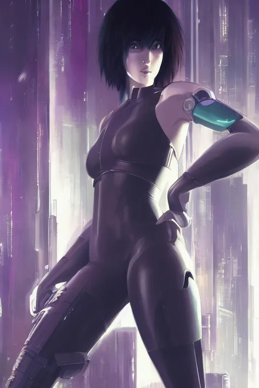 Image similar to a still fullbody portrait of motoko kusanagi ghost in the shell, finely detailed features, closeup at the faces, perfect art, at a cyberpunk city, gapmoe yandere grimdark, trending on pixiv fanbox, by ilya kuvshinov, rossdraws, artgerm