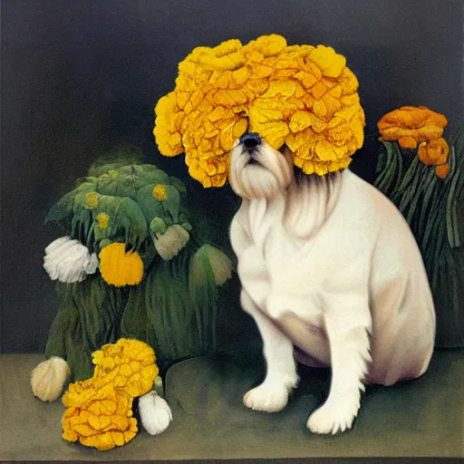 Prompt: portrait of a cream colored havanese dog with marigolds by diego rivera 1 9 3 5