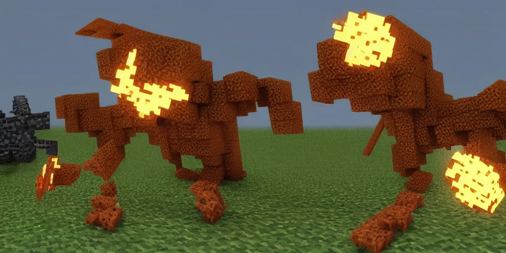 Image similar to a cycle blender render from the ender dragon vs the wither vs a chicken the chicken is defeating them both an winning, octane minecraft render 32k, film render,cinematic