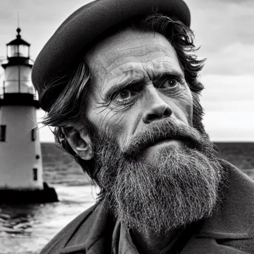 Image similar to Willem Dafoe with a beard in The Lighthouse (2019), high contrast, black and white cinematography