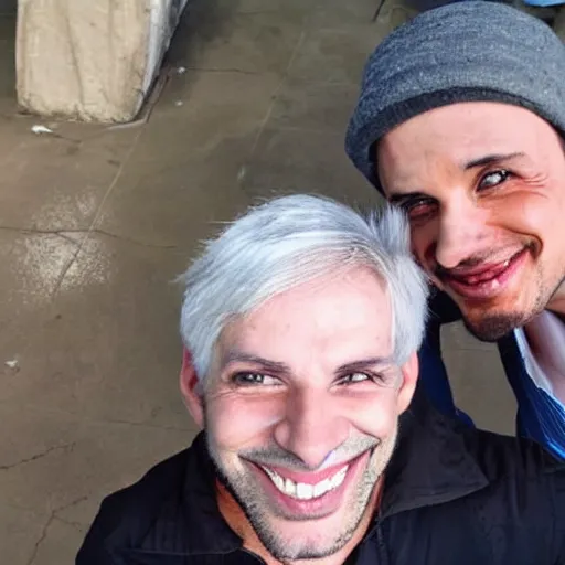 Image similar to a selfie of a guy smiling while standing next to a gray man with sunken in facial features