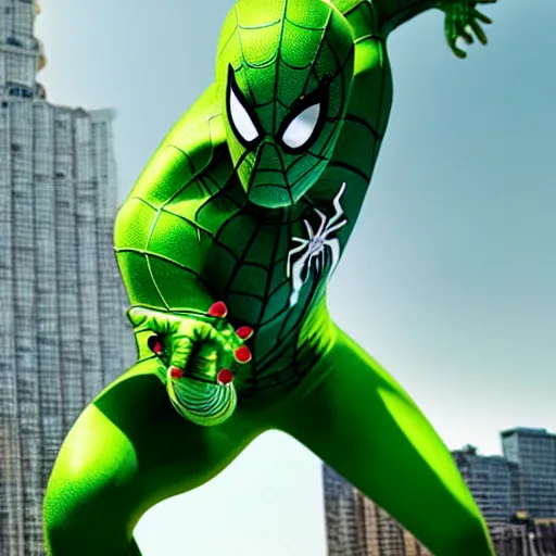 Image similar to green spider - man suit with black web lining, cinematic, volumetric lighting, realistic, hyperdetailed, photorealistic, photograph