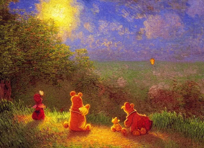 Image similar to romanticism impressionism landscape painting of winnie the pooh characters at night, night time, colorful paper lanterns, string lights, in the style of hudson river school and thomas cole and albert bierstadt and vincent van gogh and claude monet