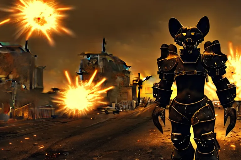 Image similar to a fursona ( from the furry fandom ), heavily armed and armored facing down armageddon in a dark and gritty version from the makers of fallout : war never changes