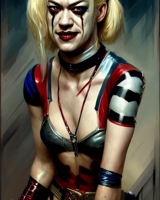 Image similar to portrait of yvonne strahovski as harley quinn, fantasy character portrait, ultra realistic, concept art, intricate details, highly detailed by greg rutkowski, gaston bussiere, craig mullins, simon bisley