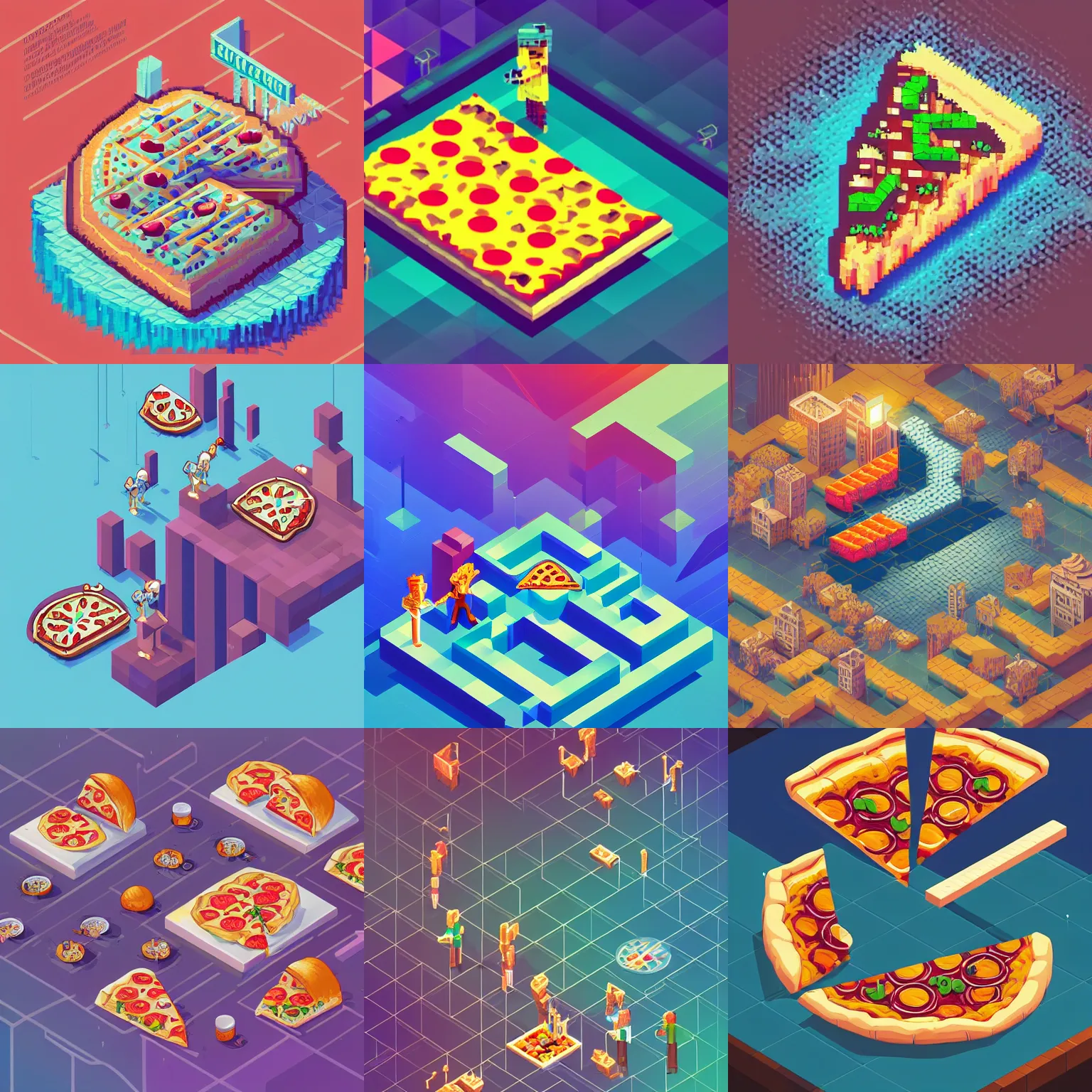 Prompt: pixel art isometric drawing, printerest, pizza slice, intricate, epic lighting, cinematic composition, hyper realistic, 8 k resolution, unreal engine 5, by artgerm, tooth wu, dan mumford, beeple, wlop, rossdraws, james jean, andrei riabovitchev, marc simonetti, artstation