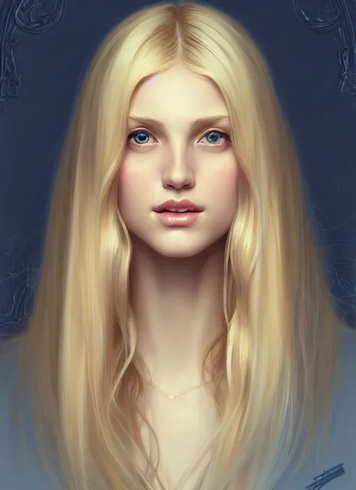 Image similar to beautiful feminine face! portrait of young woman blessed by god with ever - increasing physical mental perfection, blonde hair, symmetrical! intricate, elegant, highly detailed, holy perfection!! smile, feminine features, digital painting, artstation, concept art, smooth, sharp focus, illustration, art by artgerm and greg rutkowski and alphonse mucha