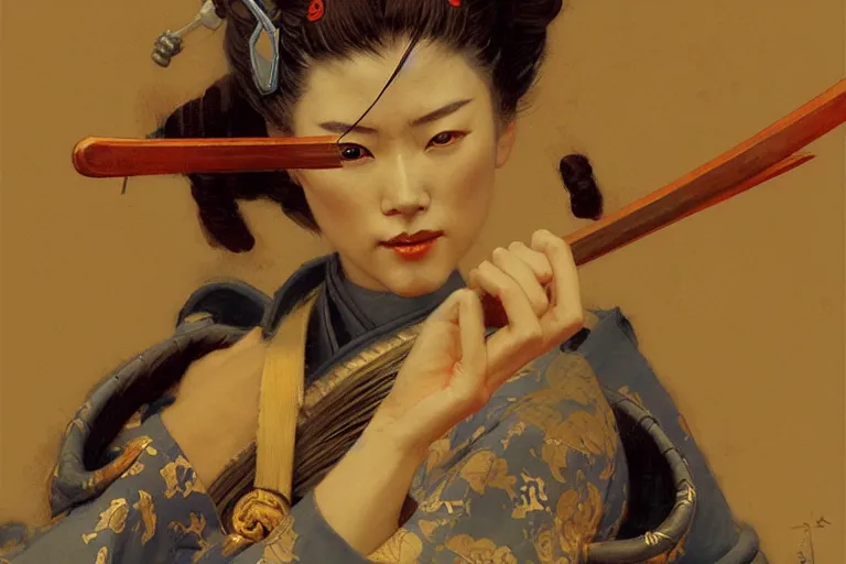 Prompt: female samurai painting by gaston bussiere, craig mullins, j. c. leyendecker, tom of finland,