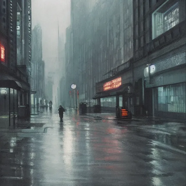 Prompt: dystopian cyberpunk city on a rainy melancholy night, by edward hopper