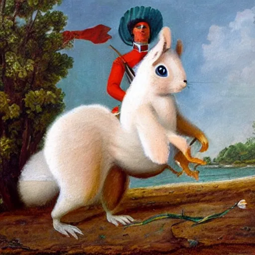 Image similar to a giant fluffy squirrel carrying napoleon bonaparte on its back, beach scene, flowers and foliage, detailed oil painting