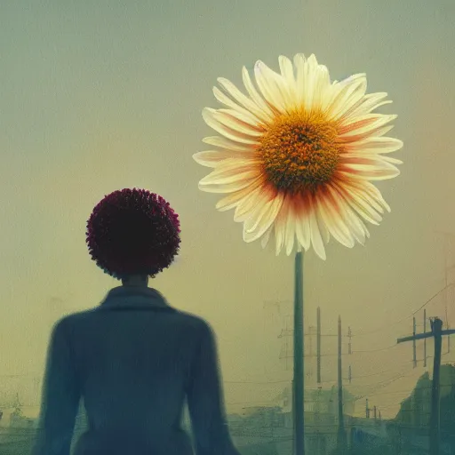 Prompt: closeup, huge daisy flower head, woman in modern city, surreal photography, night light, dark, impressionist painting, digital painting, artstation, simon stalenhag