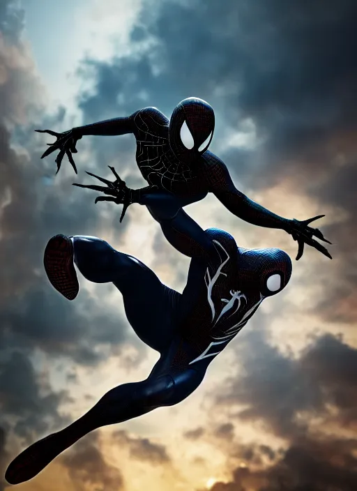 Prompt: photograph of a symbiote and spider - man hybrid, dslr, cinematic, volumetric lighting, 8 k resolution, photorealistic