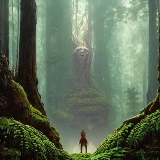 Image similar to horrible surreal mushrooms overwhelming redwood forest, creeping fig vines, ferns and waterfalls shadow of the colossus screenshot by j. c. leyendecker, simon stalenhag, studio ghibli, barlowe, audobon and beksinski