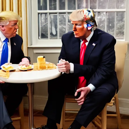 Image similar to photograph of trump and Biden sitting and eating breakfast at a Wafflehouse