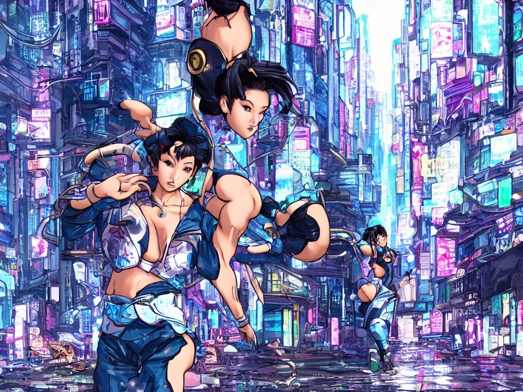 Image similar to Chun-Li in a cyberpunk city street, detailed, posing, looking at the camera, rain