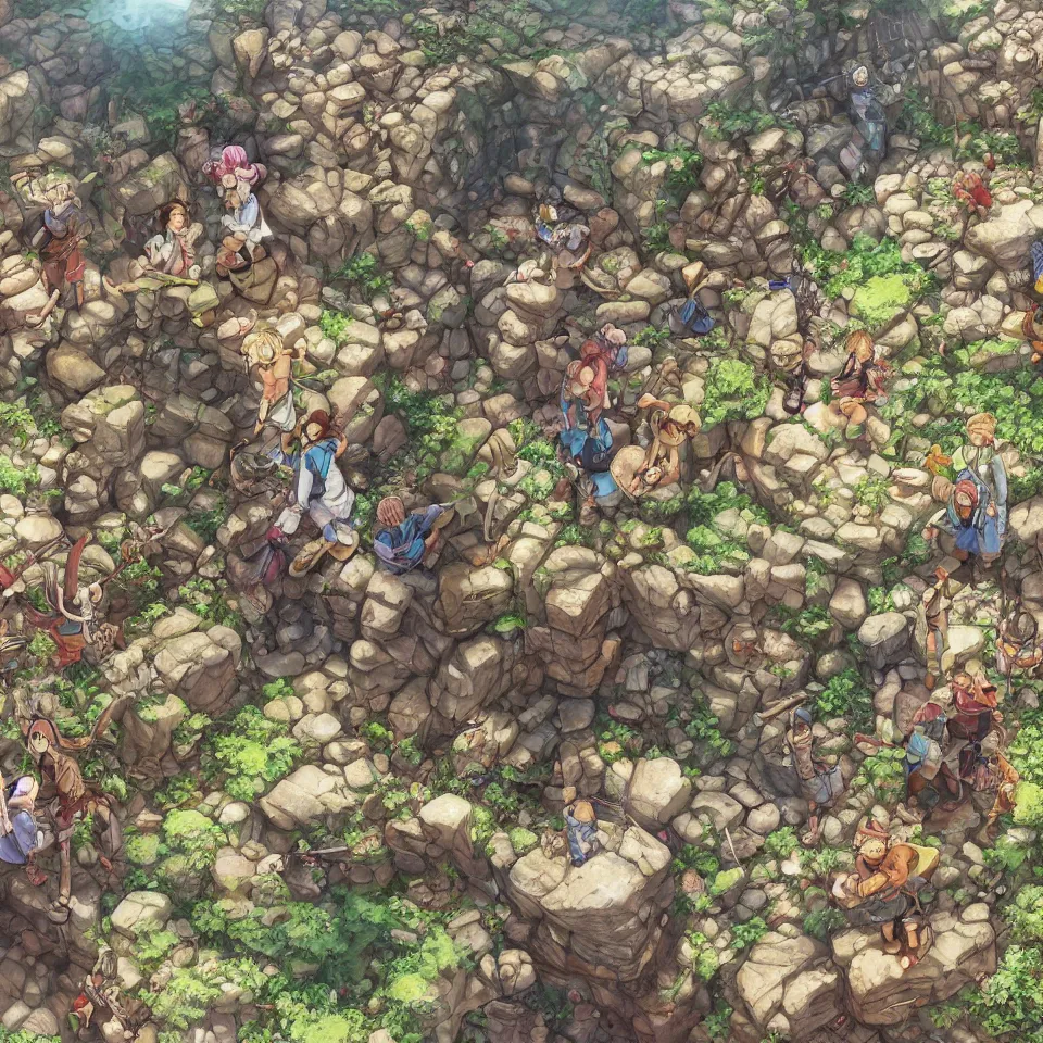 Image similar to standing and waiting just means we'll be showered by more boulders. get ready on the double! hyperrealistic anime illustration by iralki nadar, extremely detailed, intricate linework, super sharp focus, bright colors, octopath traveler, studio ghibli, unreal engine 5 highly rendered, global illumination, radiant light, detailed and intricate environment