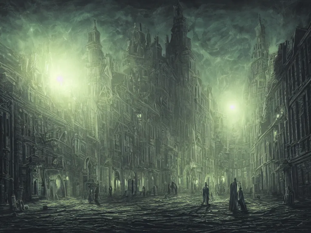 Image similar to An 18th century (lovecraftian) gothic city at night with a star filled sky. Greasy luminescent cables are emerging from cracks on the ground. Highly detailed, digital painting, gloomy, concept art, low angle shot, super wide shot, ((fish eye)), 4k.