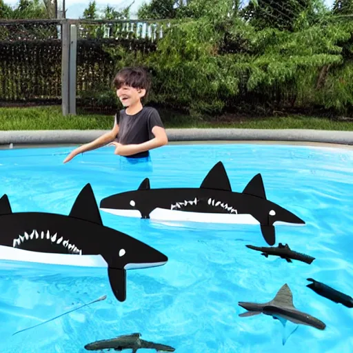 Image similar to full size mechanical sharks in a pool with children