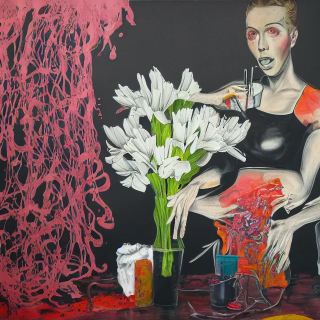 Image similar to empty room with black walls, sensual portrait of a female pathologist, octopus mural, spilled vase of flowers and water, squashed berries, neo - expressionism, surrealism, acrylic and spray paint and oilstick on canvas