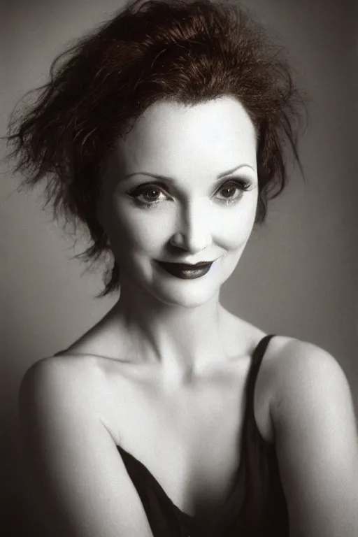 Prompt: photo portrait of amy yasbeck, head centered portrait, enigmatic, smiling, head in focus, shot with hasselblad, 5 0 mm lens, photography, very soft diffuse lights, by yousuf karsh, fine film grain, dark smoky background