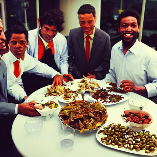 Prompt: “a group of businessmen gather around a plate containing assorted bugs, the bountiful feast”