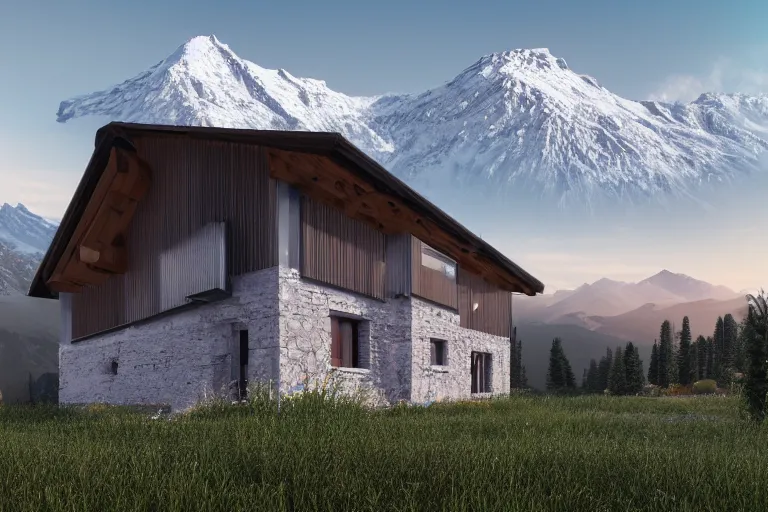 Image similar to modern fachwerk house settlement with Elbrus mountain on the background, architecture, 3d render 8k , high details