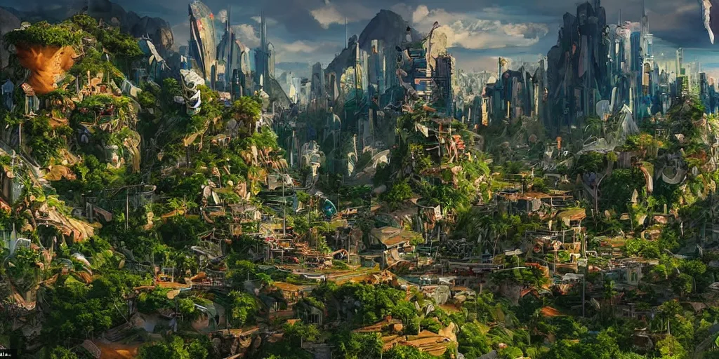 Image similar to a cinematic composition : where a myserious character floats atop a mountain radiating his transformative energy, the energy shifts the cybernetic cyberpunk civilization in the valley to a lush green overgrowing solarpunk civilization